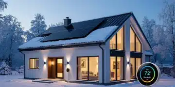 Modern home with solar panels and advanced insulation in winter, saving energy.