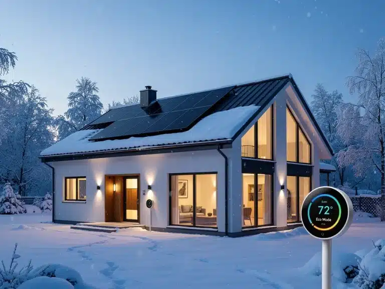 Modern home with solar panels and advanced insulation in winter, saving energy.