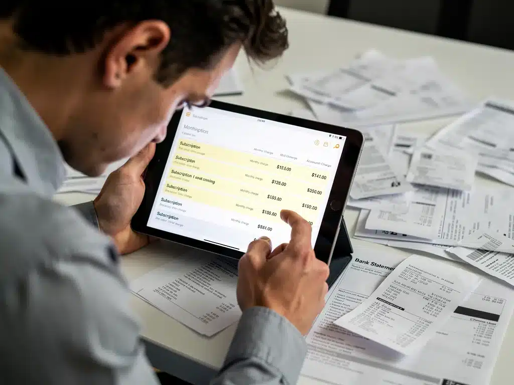 Person reviewing digital bill for recurring subscription charges
