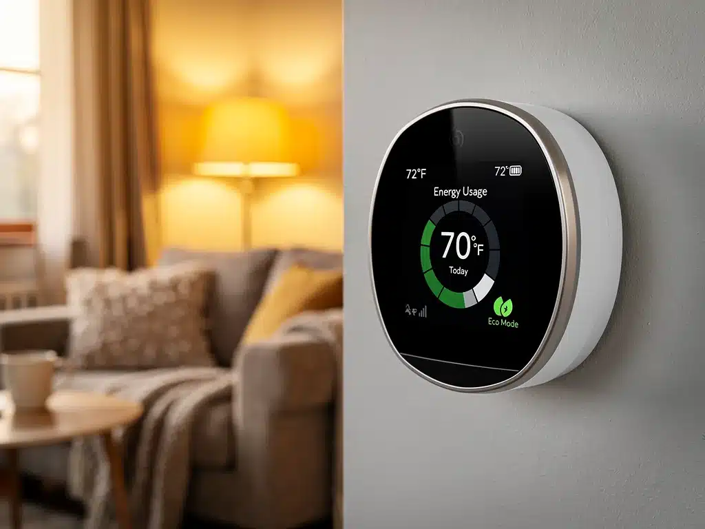 Smart thermostat displaying energy data in a comfortable living room.