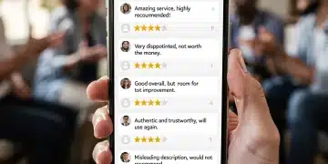 Smartphone displaying online reviews and star ratings, emphasizing authenticity and trust