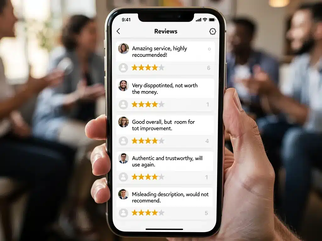 Smartphone displaying online reviews and star ratings, emphasizing authenticity and trust