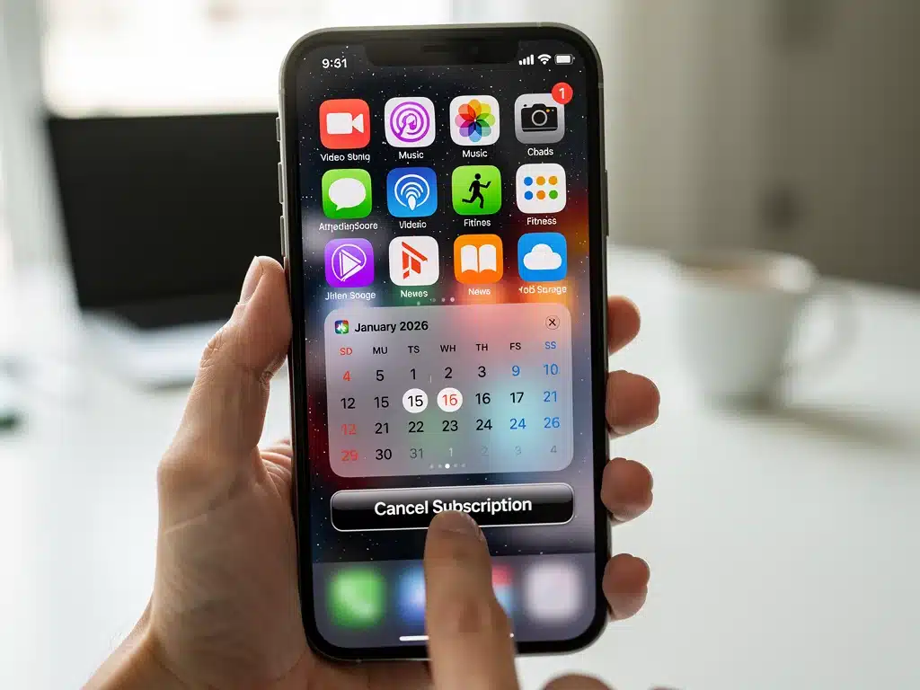 Smartphone displaying subscription apps and January 2026 calendar for new regulations
